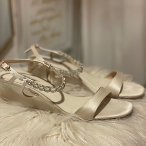 Badgley Mischka Ivory Satin Jeweled low wedges